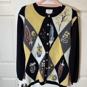 Vintage Susan Bristol Sweater Nature‎ Feathers Bugs Size PP Teacher Cottagecore